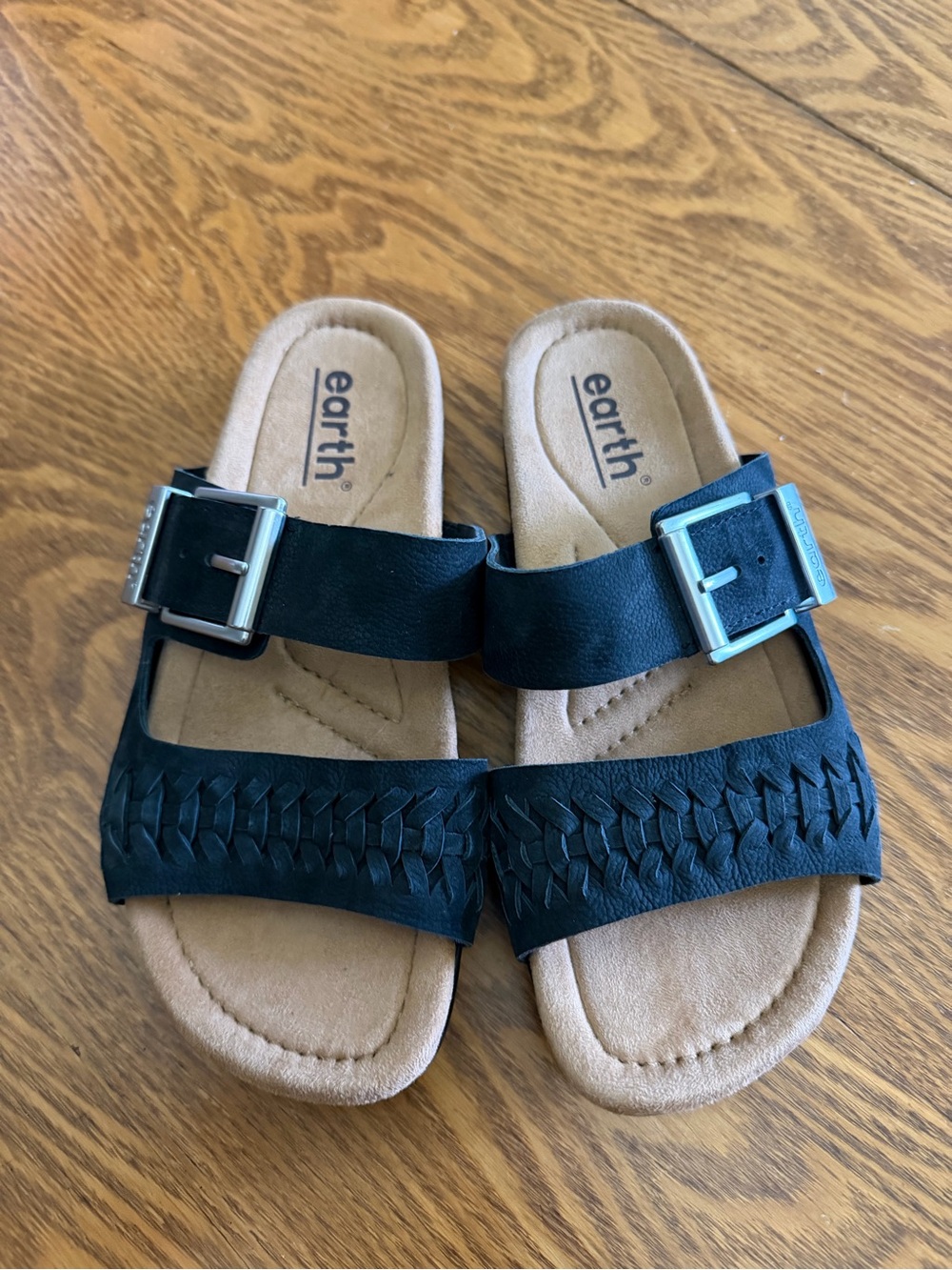 Earth Black Woven Buckle Slide Sandals
